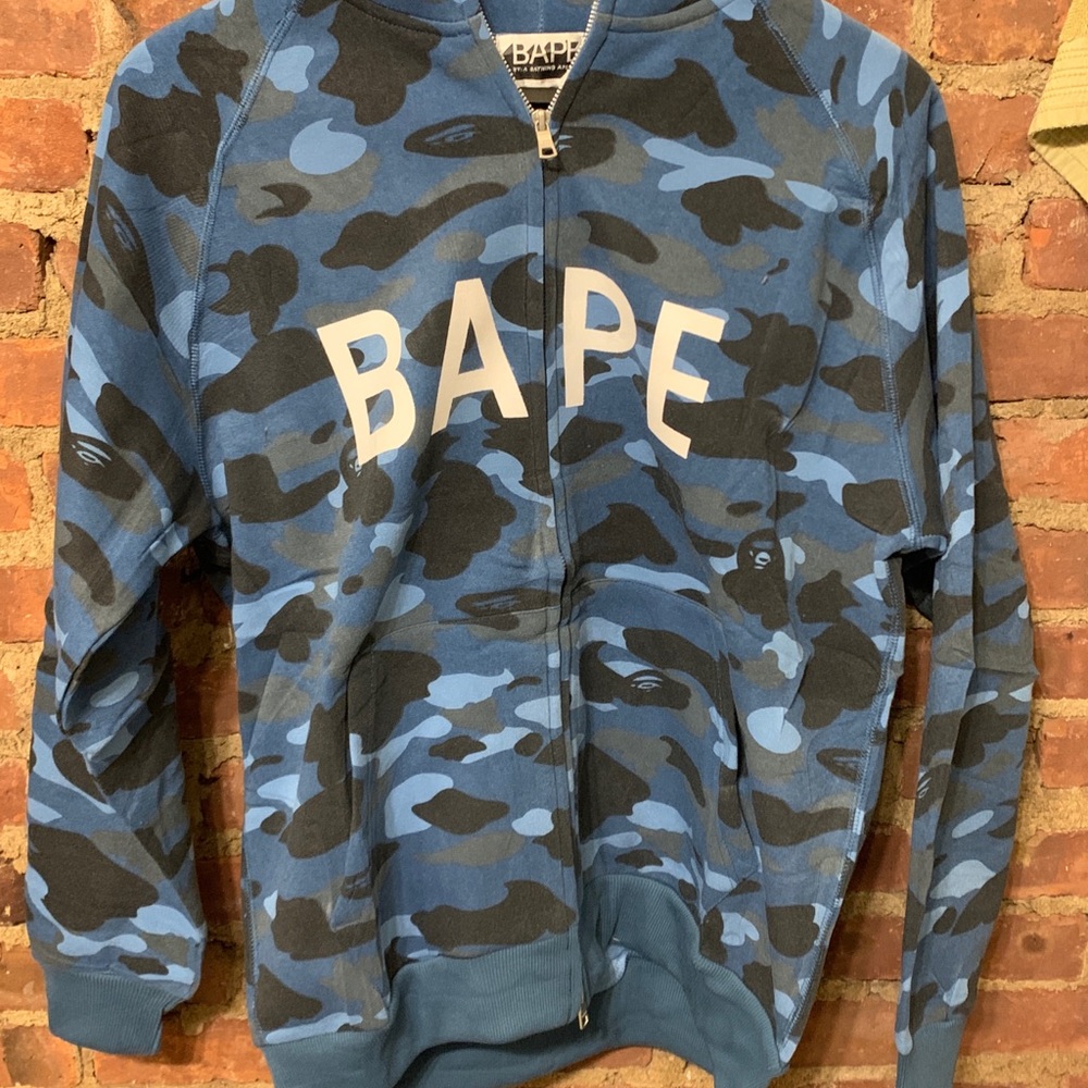 blue camo bape zip up hoodie